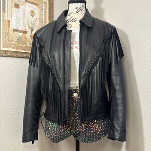 90s Vintage Black Fringe Leather Jacket Women’s Size Small